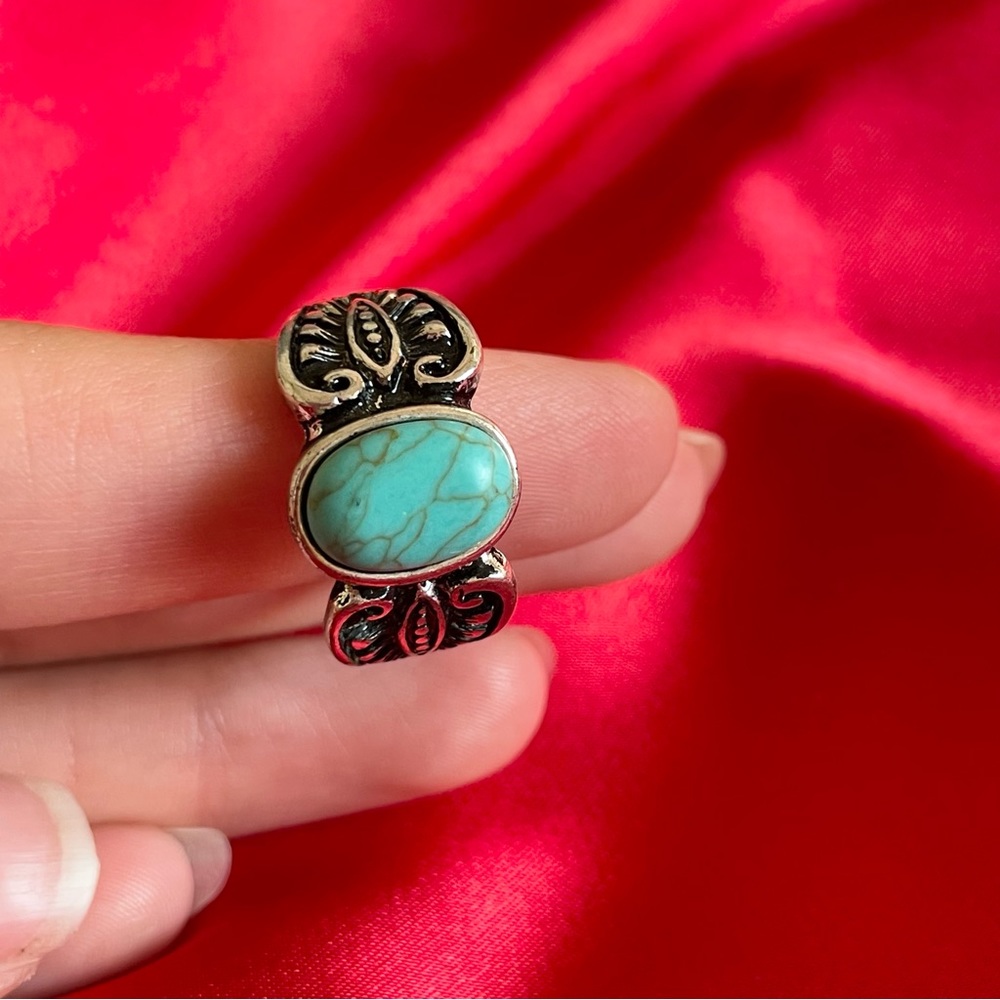 Turquoise Statement Costume Ring Silver Metal Ste… - image 3